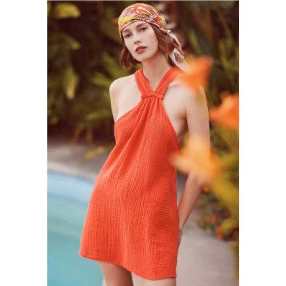 Anthropologie Braided Halter Mini Dress Cotton Sundress Cover Up NWT Sz L